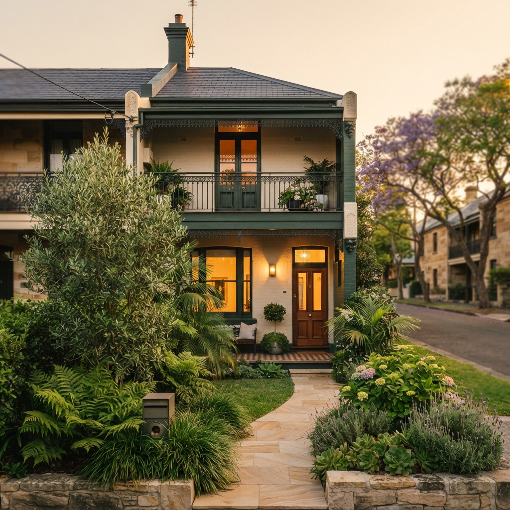 Two-story heritage townhouse with ornate balcony, glowing windows, and a densely planted front garden at dusk.